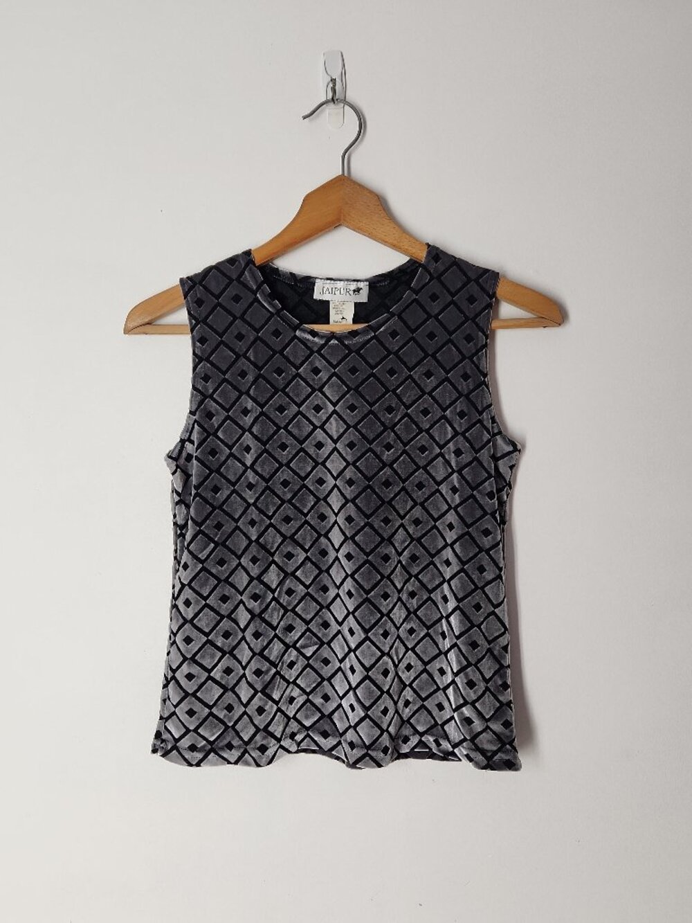 Jaipur vintage 90' soft stretch velvet geometric tank top shirt black gray Sz S